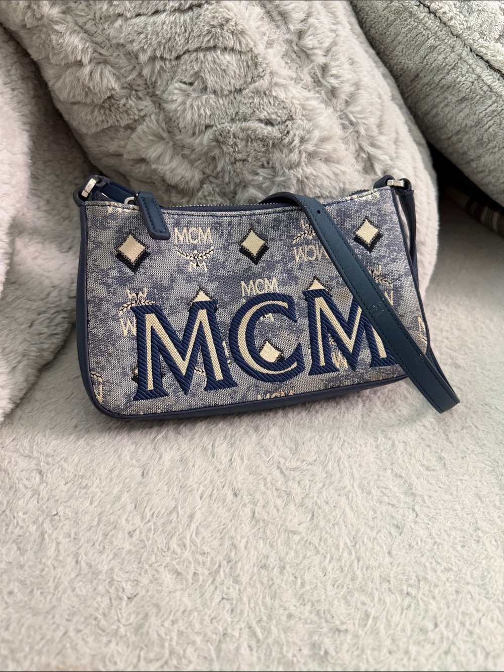 MCM Denim Blue Logo Crossbody Bag